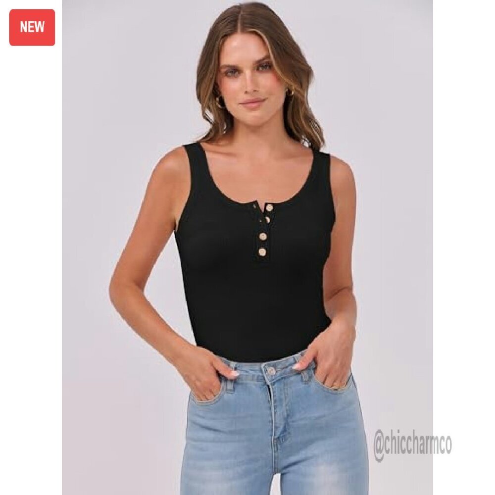 Ribbed Henley Tank Top Slim Fit Sleeveless Cami Button Up Workout Casual - Picture 4 of 8